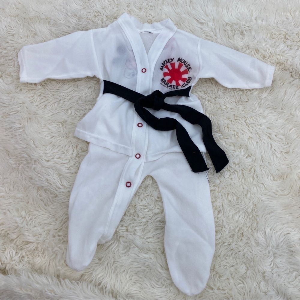 Vintage retro one piece baby outfit Mickey Mouse black belt karate 0- 3 months